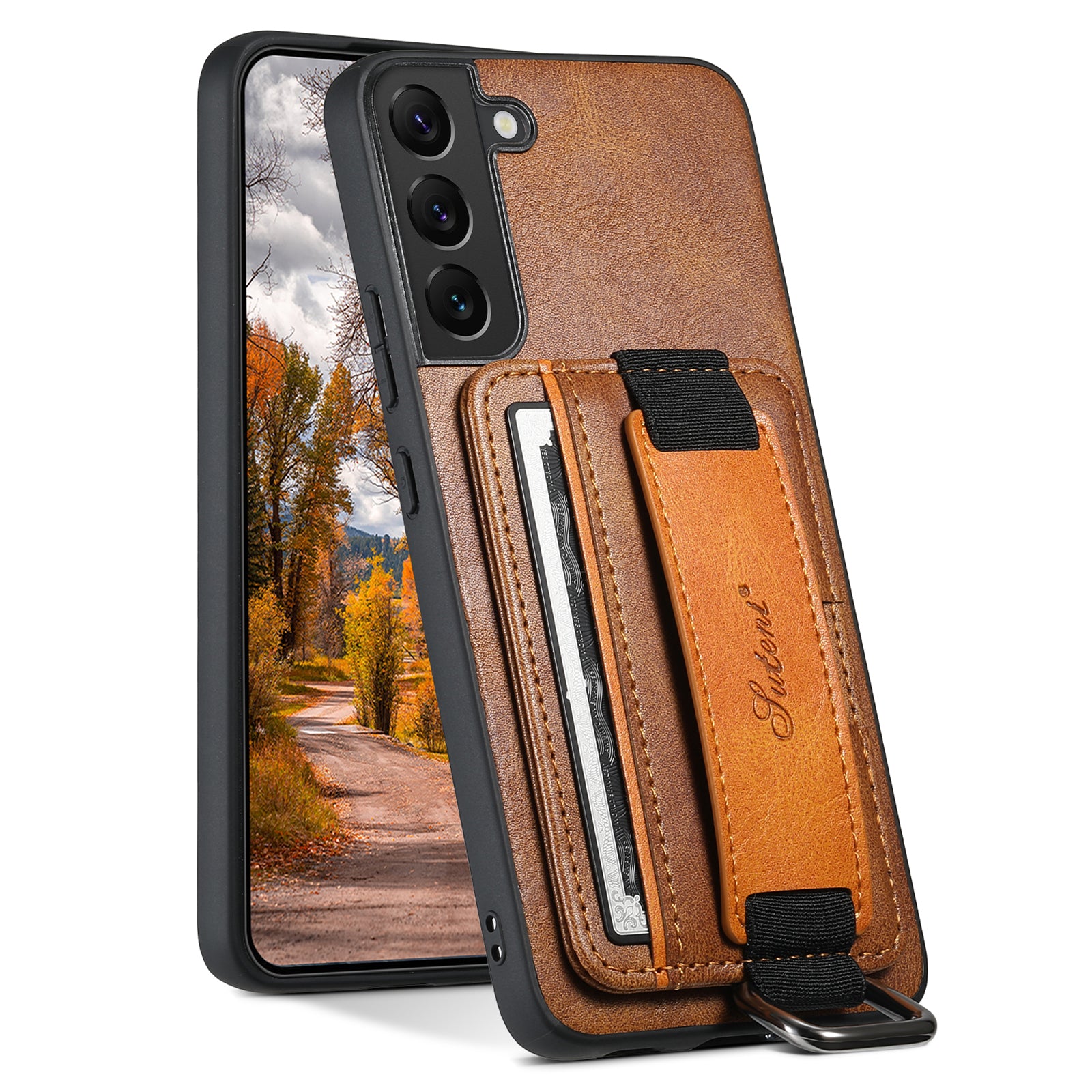 SUTENI H13 Back Case for Samsung Galaxy S22 5G Card Holder Leather Coated PC TPU Phone Kickstand Cover with Hand Strap