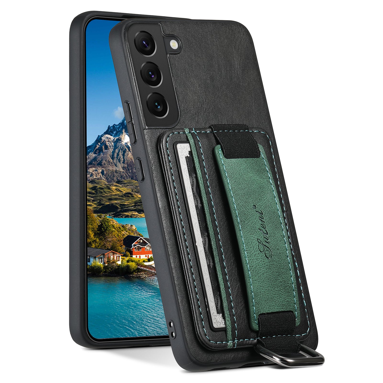 SUTENI H13 Back Case for Samsung Galaxy S22 5G Card Holder Leather Coated PC TPU Phone Kickstand Cover with Hand Strap