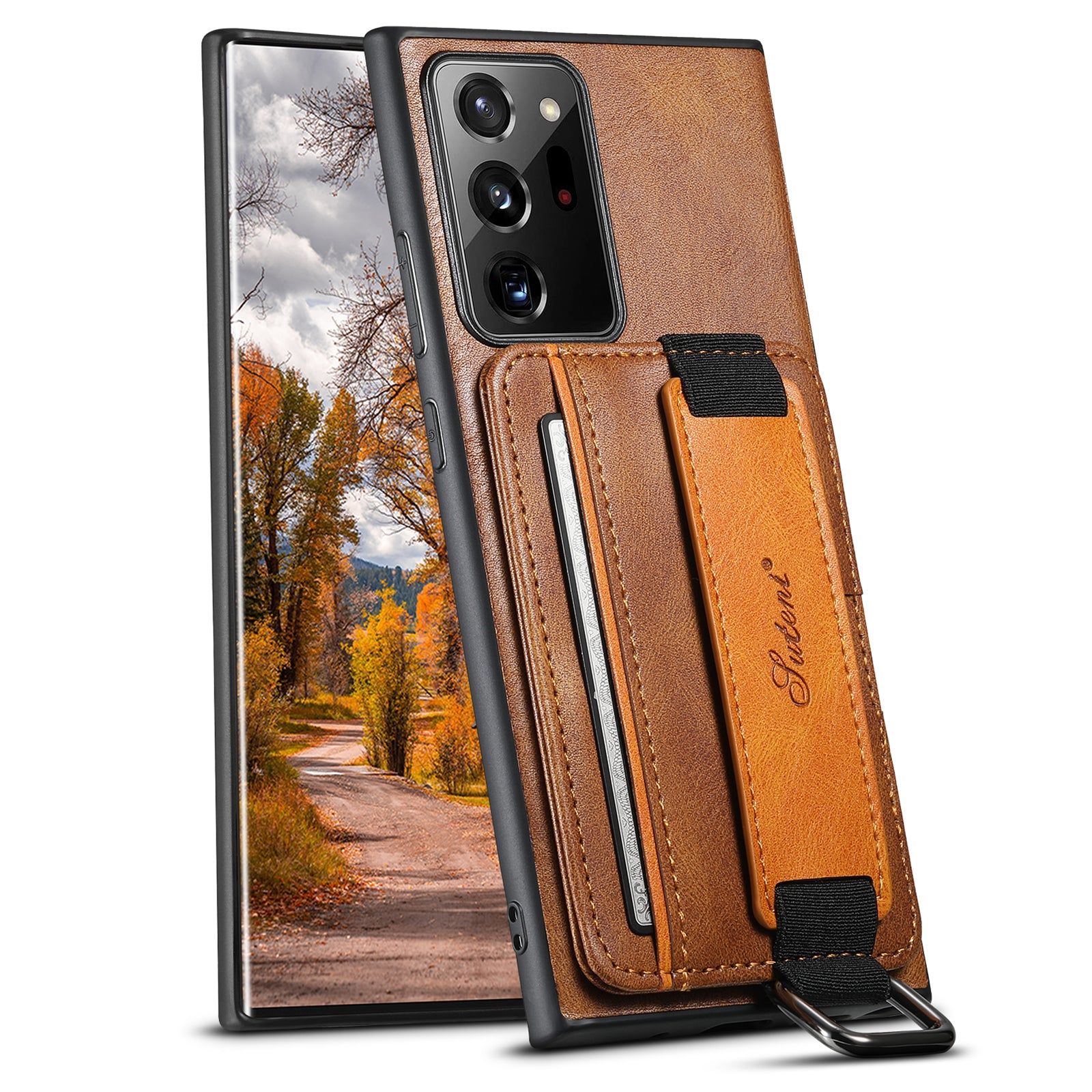 SUTENI H13 For Samsung Galaxy Note20 Ultra / Note20 Ultra 5G Card Holder Case Leather Coated PC TPU Phone Cover with Kickstand and Hand Strap