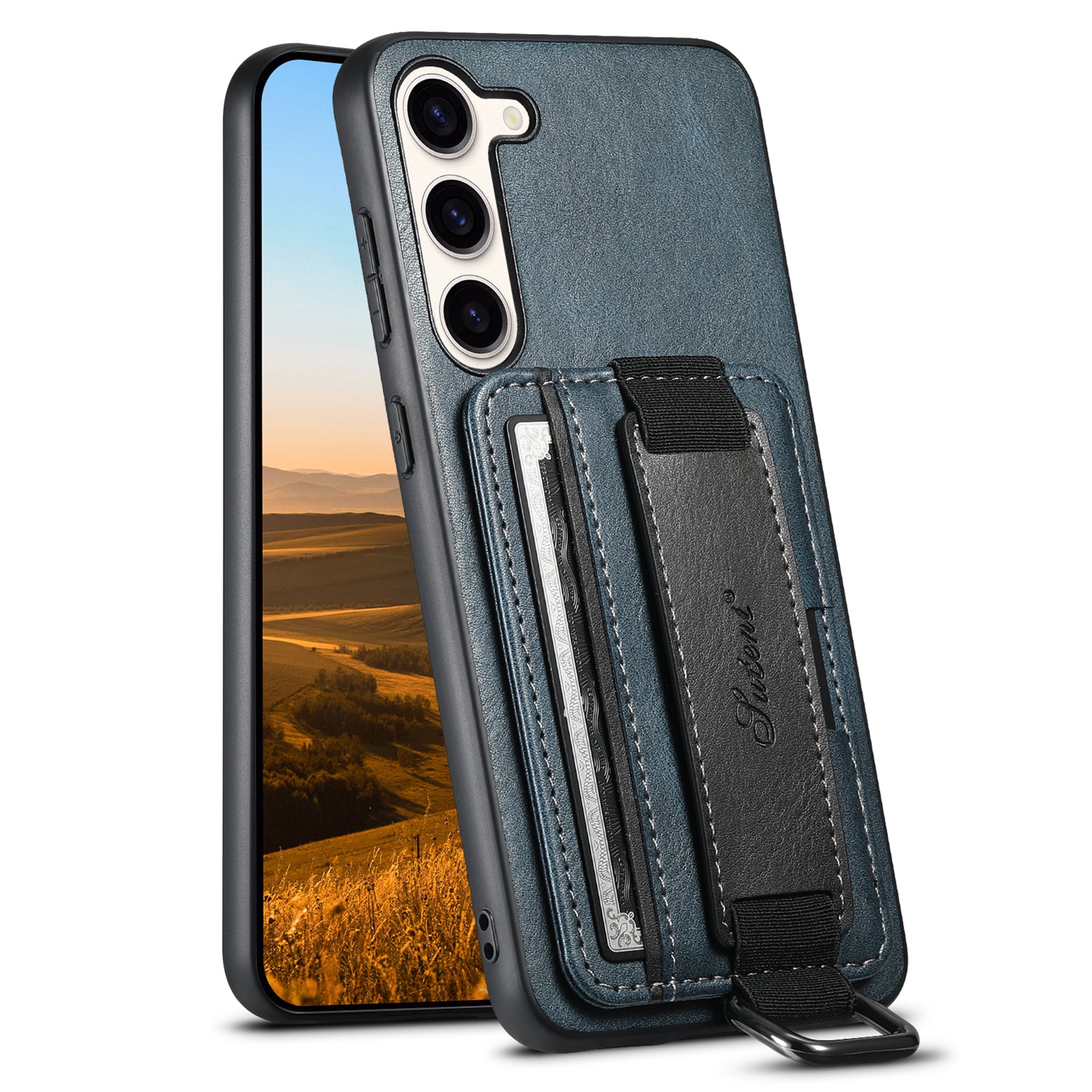 SUTENI H13 For Samsung Galaxy S23 Card Holder Case Leather Coated PC TPU Phone Kickstand Cover with Hand Strap