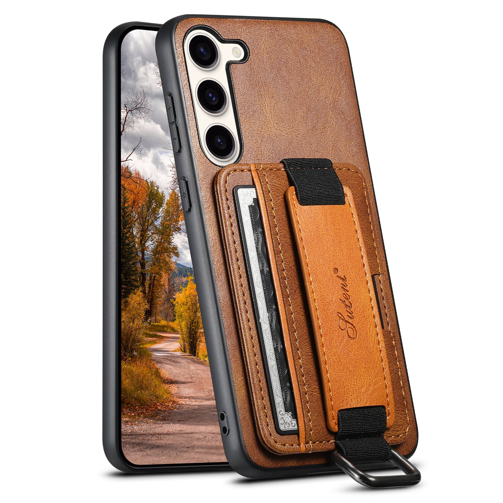 SUTENI H13 For Samsung Galaxy S23 Card Holder Case Leather Coated PC TPU Phone Kickstand Cover with Hand Strap