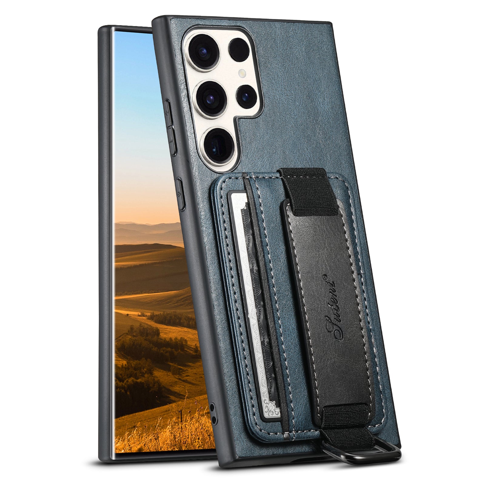 SUTENI H13 For Samsung Galaxy S22 Ultra 5G Card Holder Case Kickstand Leather Coated PC TPU Phone Cover with Hand Strap