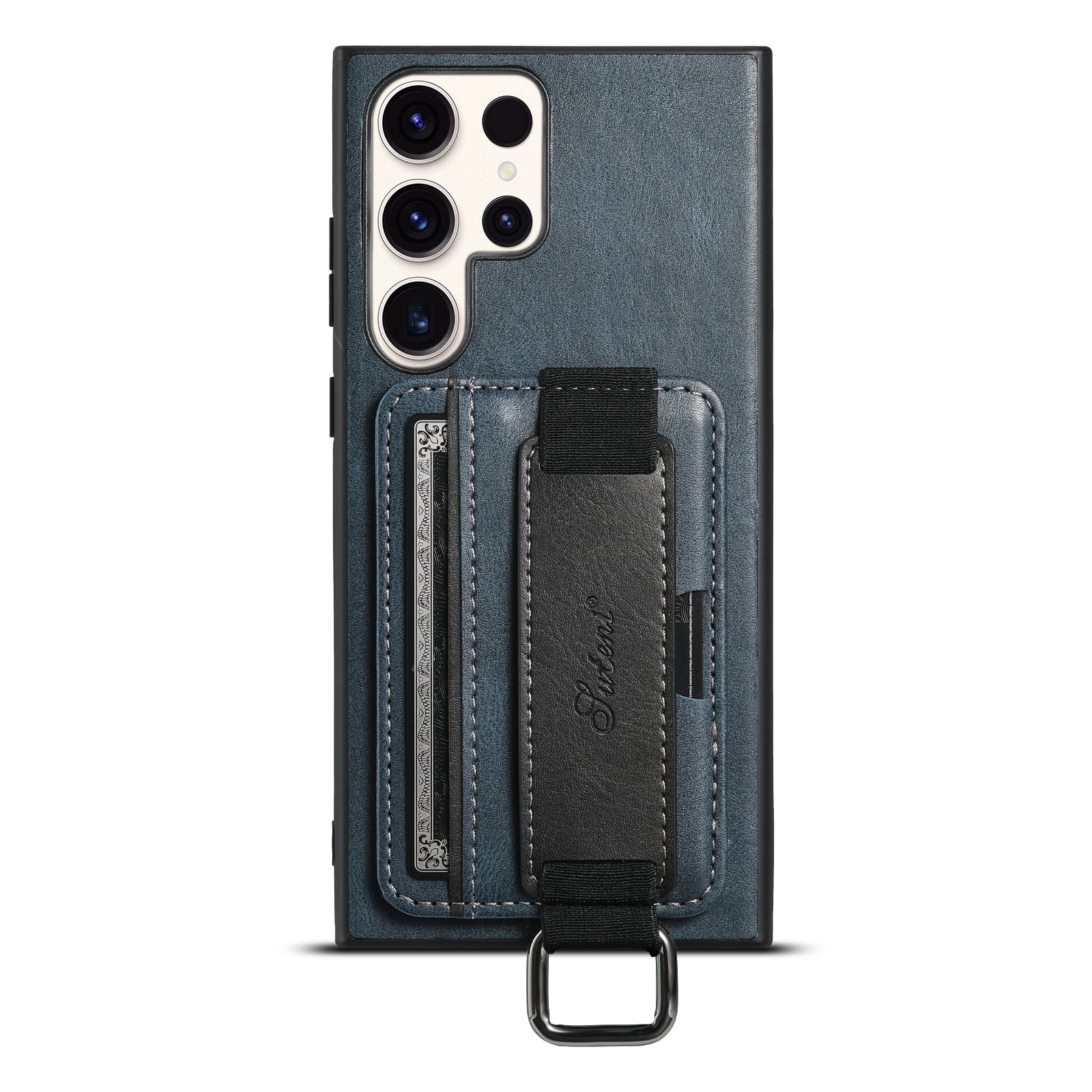 SUTENI H13 For Samsung Galaxy S22 Ultra 5G Card Holder Case Kickstand Leather Coated PC TPU Phone Cover with Hand Strap