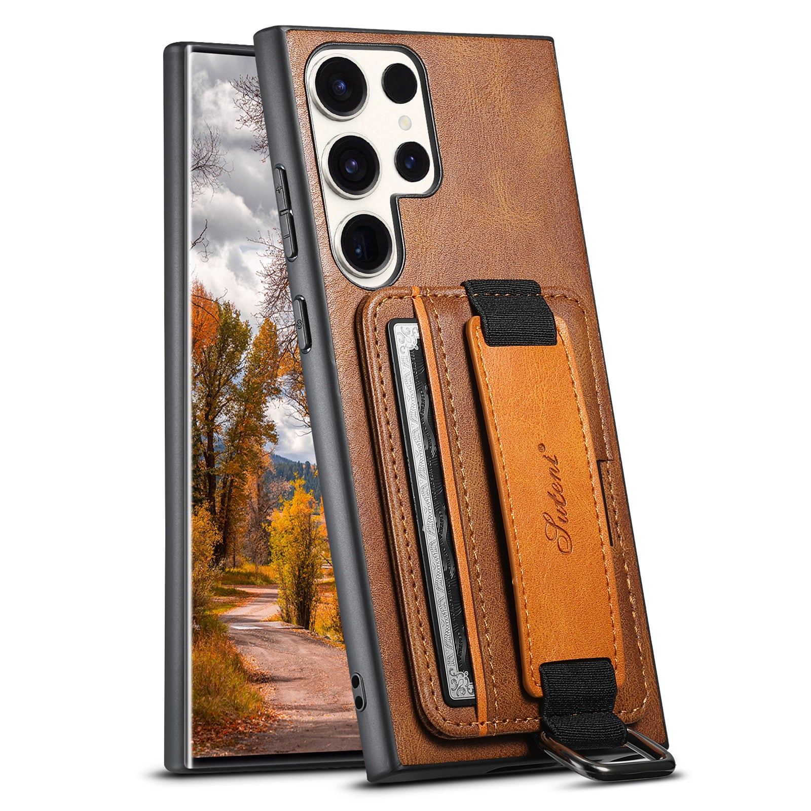 SUTENI H13 For Samsung Galaxy S22 Ultra 5G Card Holder Case Kickstand Leather Coated PC TPU Phone Cover with Hand Strap