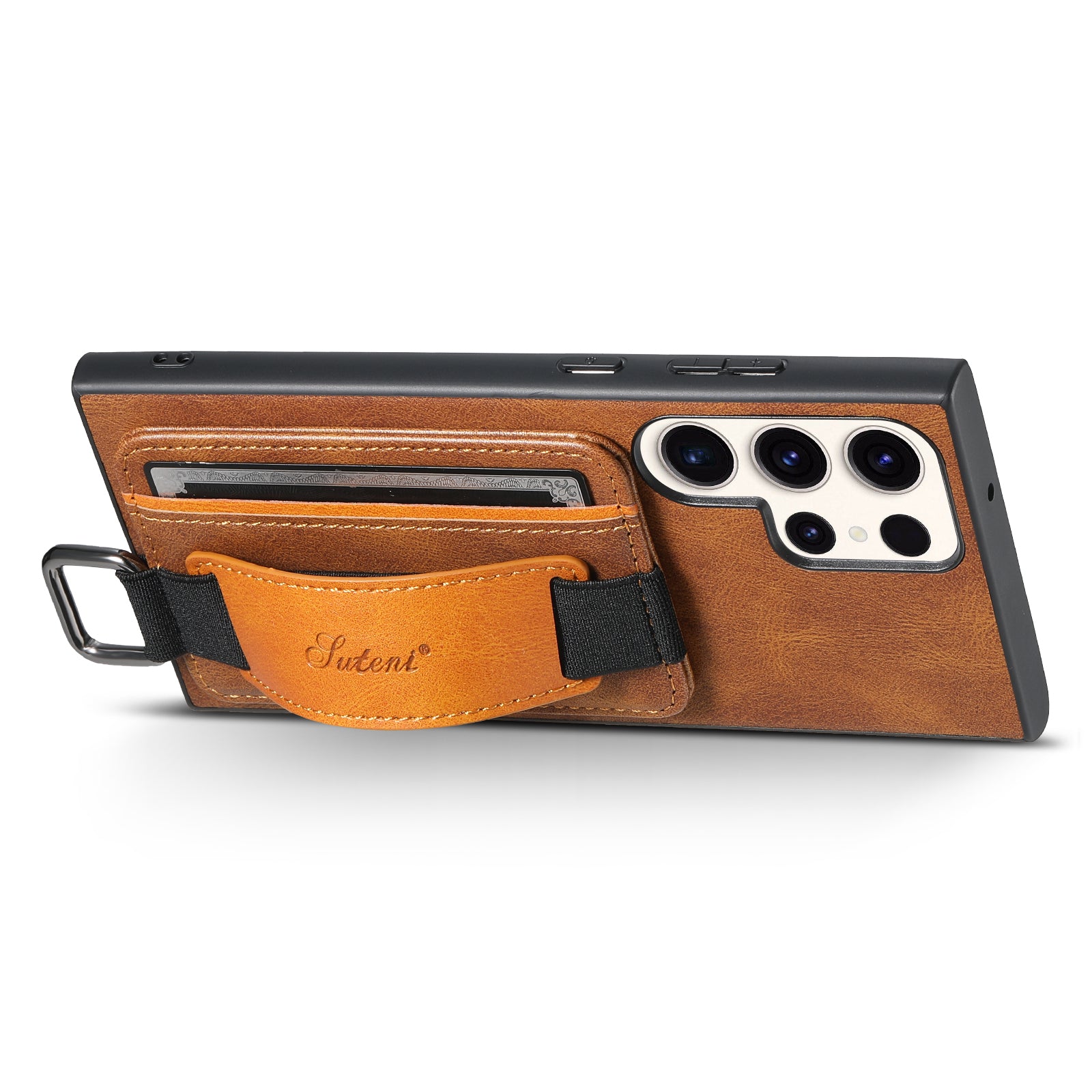 SUTENI H13 For Samsung Galaxy S22 Ultra 5G Card Holder Case Kickstand Leather Coated PC TPU Phone Cover with Hand Strap