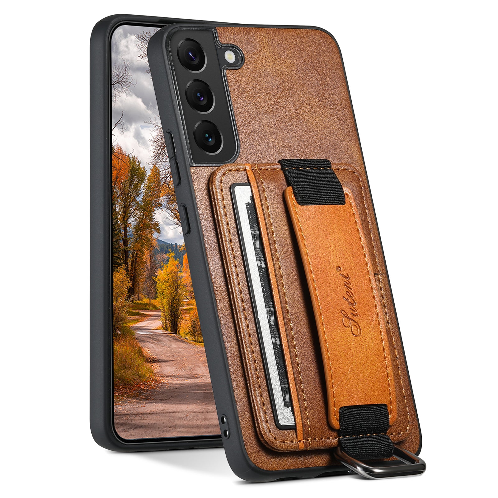 SUTENI H13 For Samsung Galaxy S22 5G Card Holder Leather Coated PC TPU Case with Hand Strap Kickstand Phone Cover