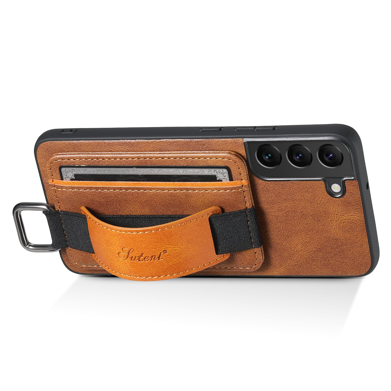 SUTENI H13 For Samsung Galaxy S22 5G Card Holder Leather Coated PC TPU Case with Hand Strap Kickstand Phone Cover
