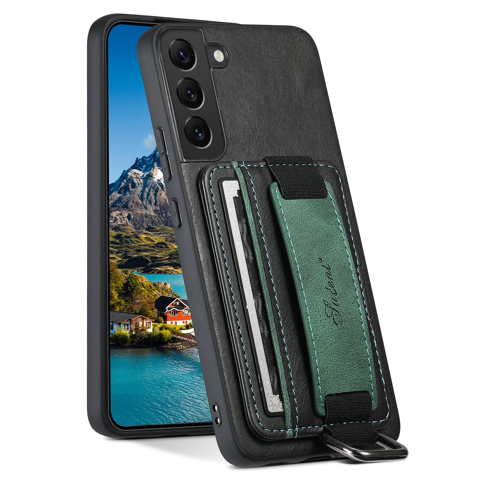 SUTENI H13 For Samsung Galaxy S22 5G Card Holder Leather Coated PC TPU Case with Hand Strap Kickstand Phone Cover