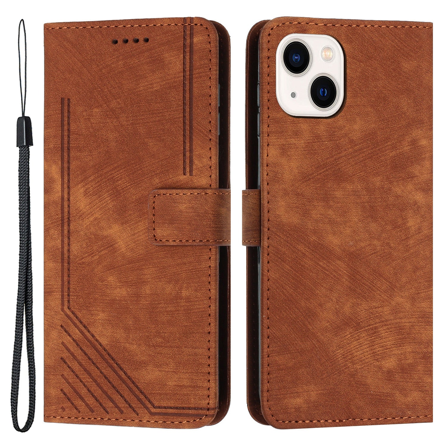 For iPhone 14/13 Stand Leather Phone Case Skin-touch Lines Imprinted Wallet Cover