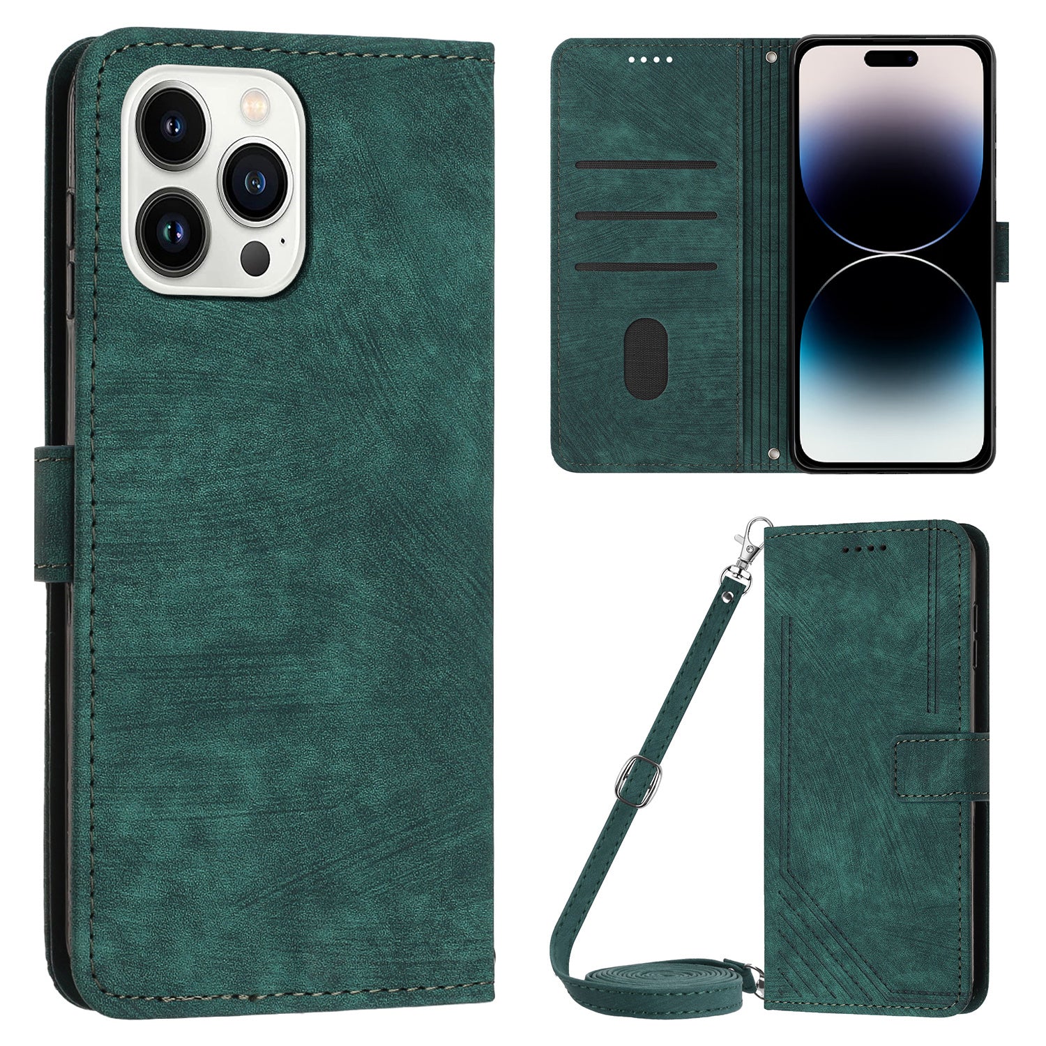 For iPhone 14 Pro Max Wallet Phone Case PU Leather Stand Lines Imprinted Phone Cover with Shoulder Strap