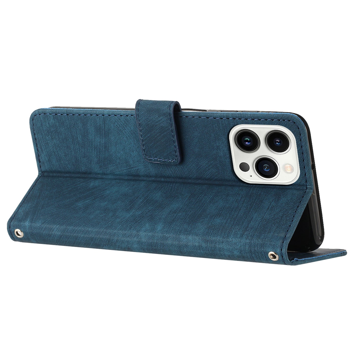 For iPhone 14 Pro Max Wallet Phone Case PU Leather Stand Lines Imprinted Phone Cover with Shoulder Strap
