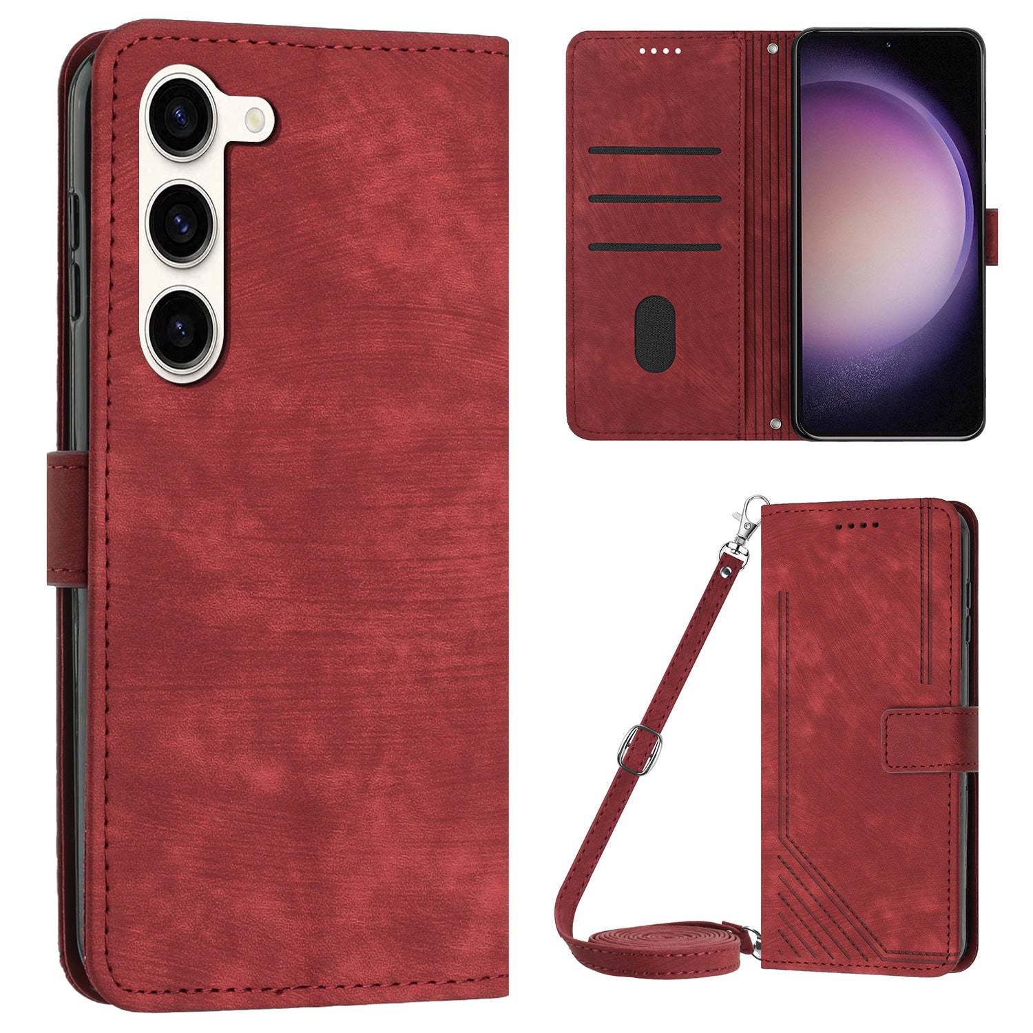 For Samsung Galaxy S23 Wallet Case PU Leather Folio Flip Shell Lines Imprinted Stand Phone Cover