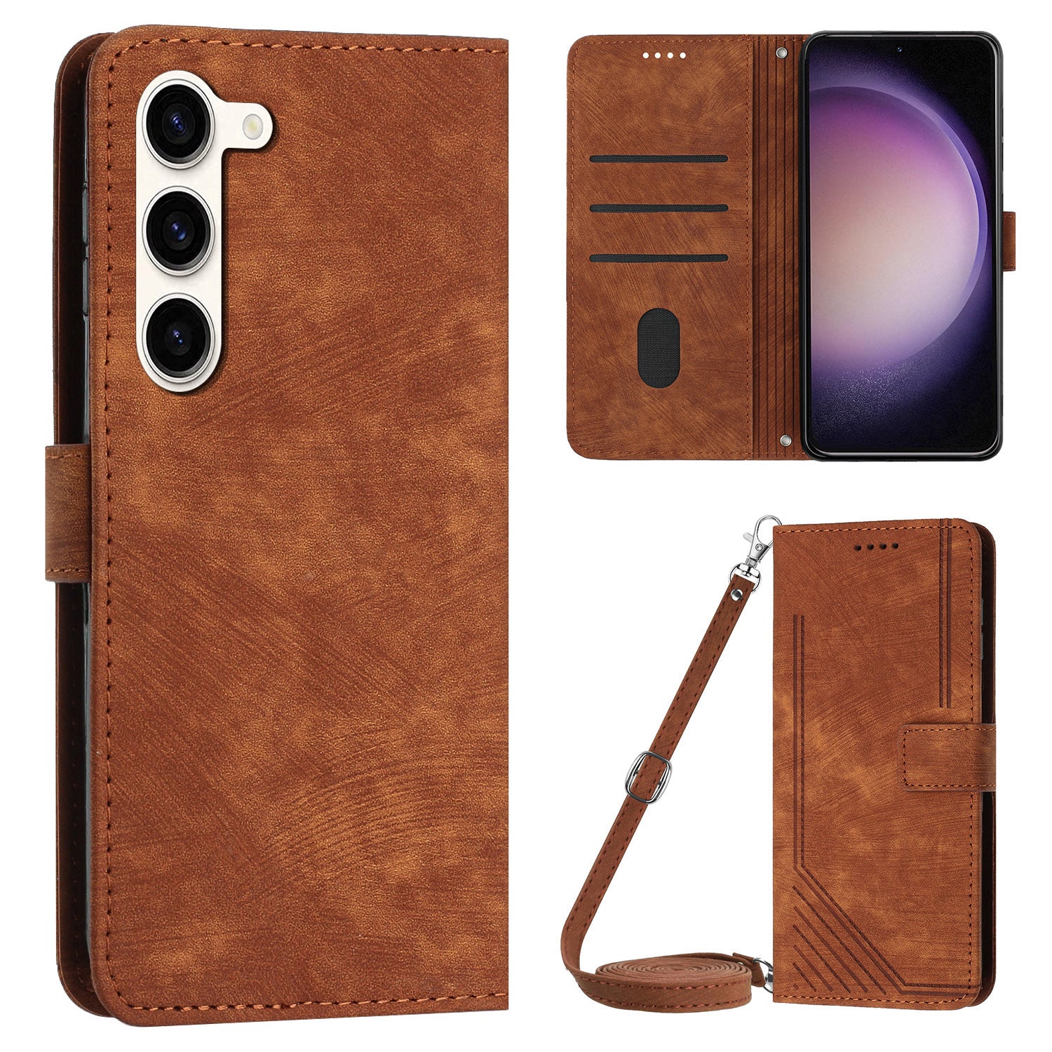 For Samsung Galaxy S23 Wallet Case PU Leather Folio Flip Shell Lines Imprinted Stand Phone Cover