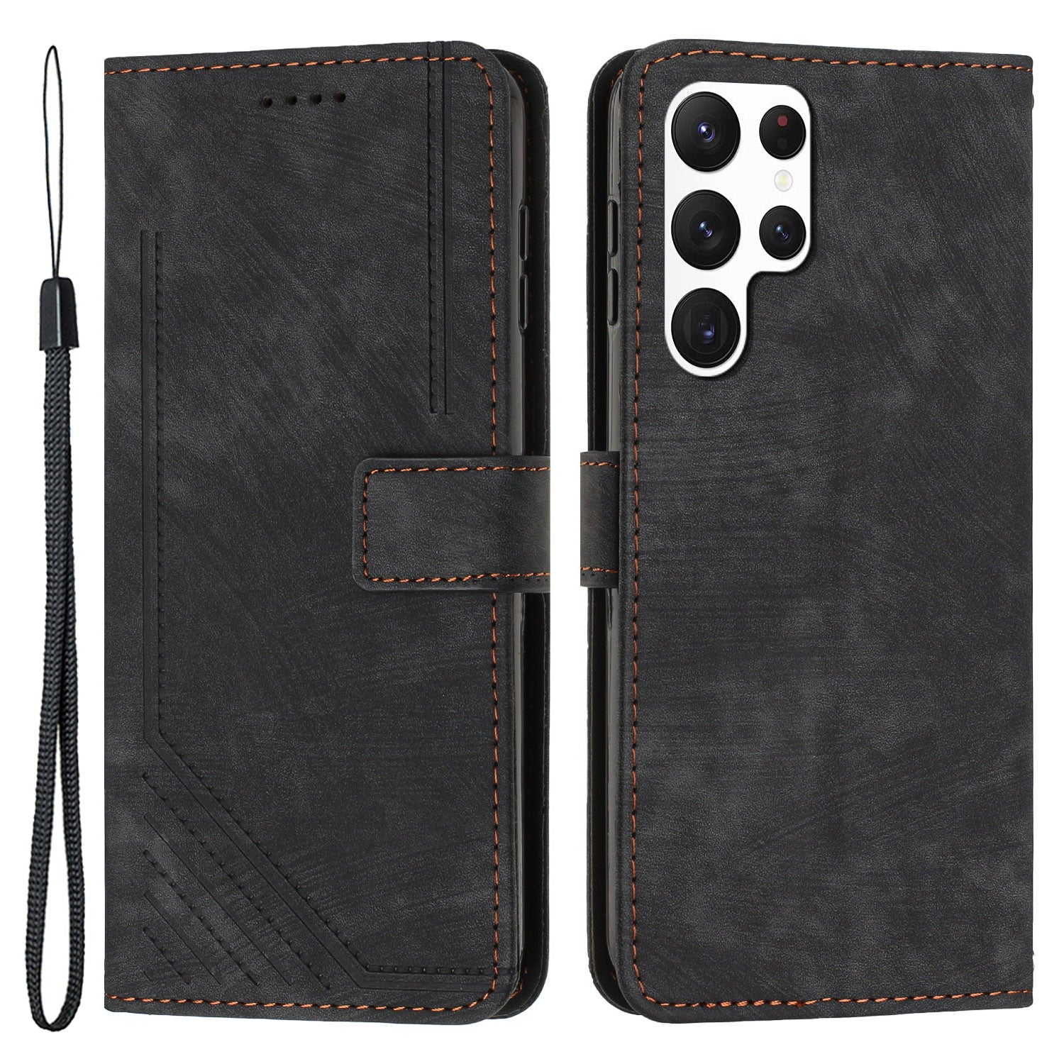 For Samsung Galaxy S22 Ultra 5G Anti-Drop Phone Case Skin-Touch Lines Imprinted PU Leather Wallet Cover
