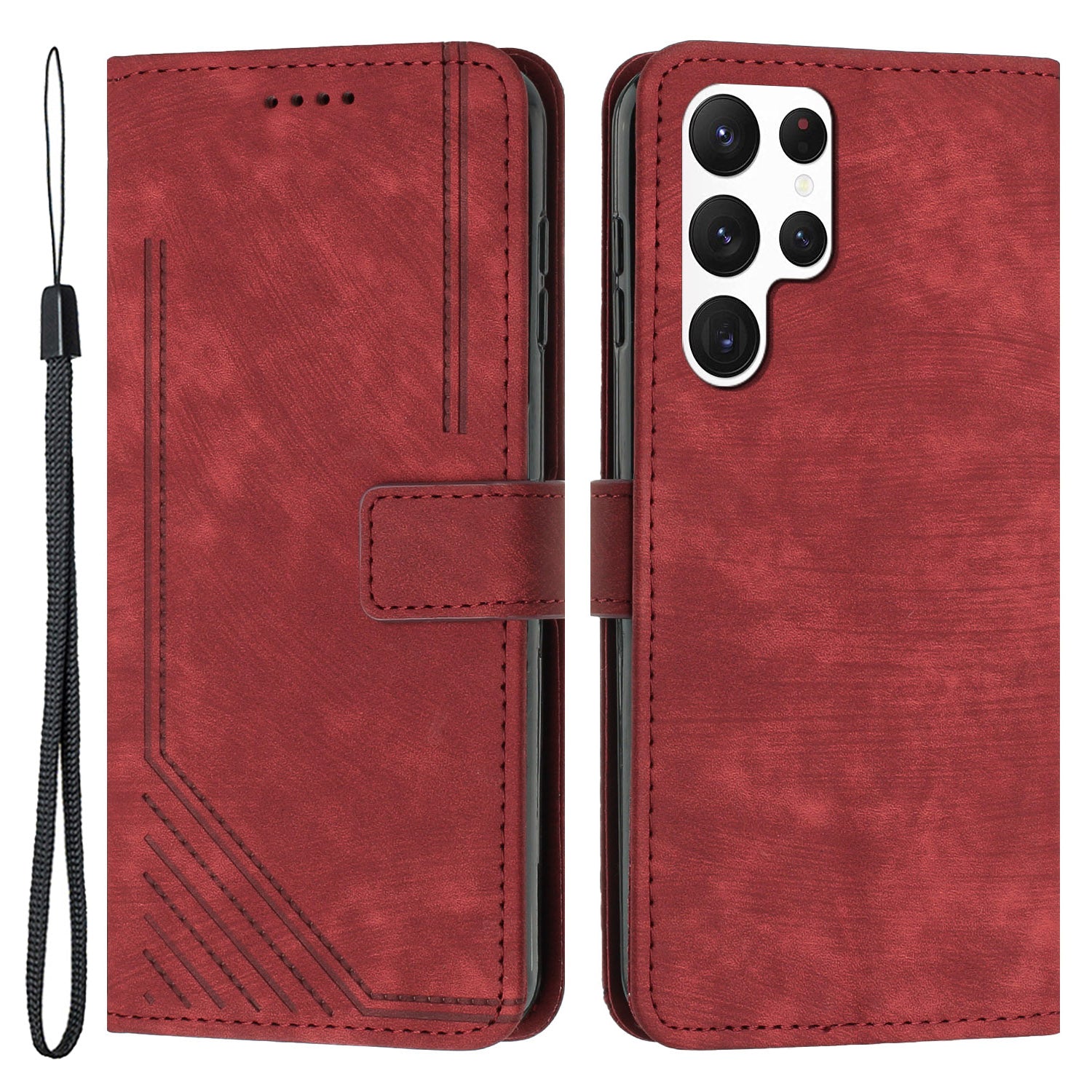 For Samsung Galaxy S22 Ultra 5G Anti-Drop Phone Case Skin-Touch Lines Imprinted PU Leather Wallet Cover