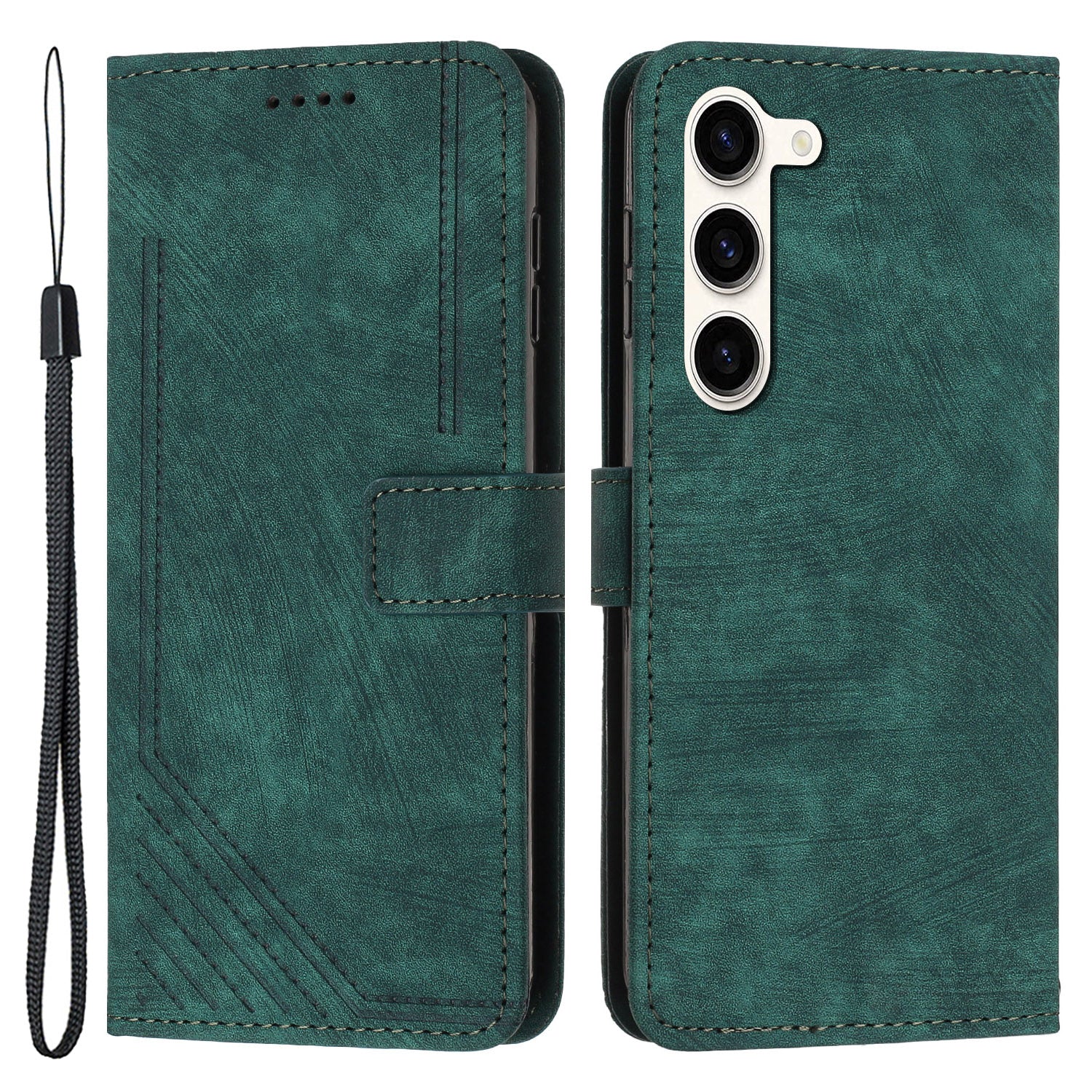 PU Leather Phone Cover for Samsung Galaxy S23 Skin-Touch Lines Imprinted Wallet Phone Case with Stand