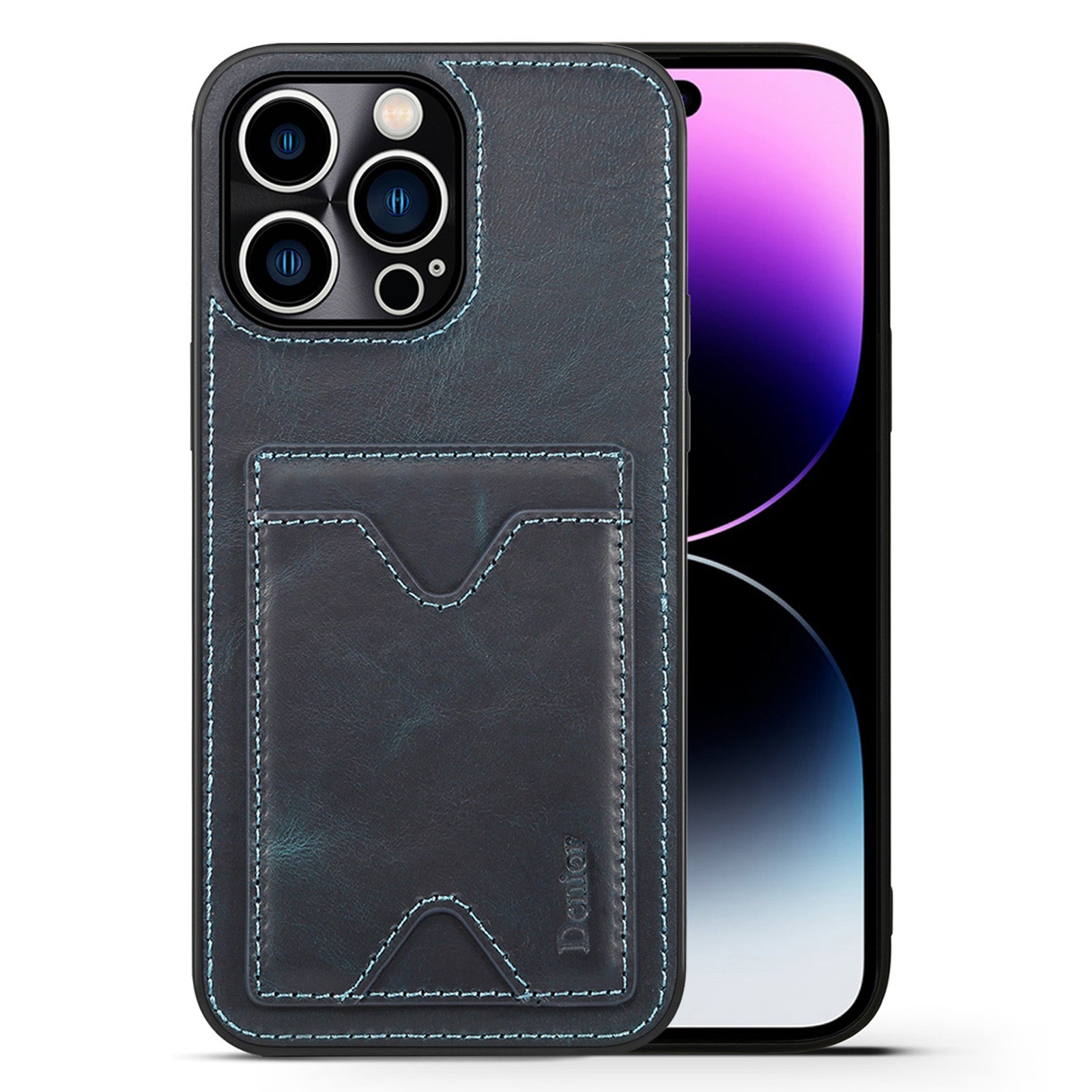 DENIOR Cowhide Leather TPU Case for iPhone 14 Pro Max Shockproof Phone Cover with Card Holder Kickstand