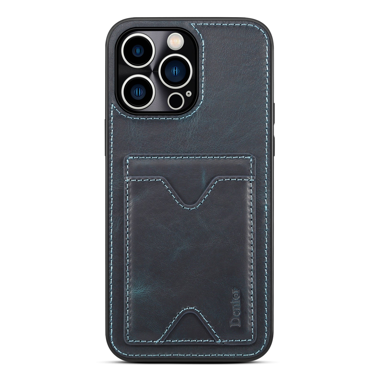 DENIOR Cowhide Leather TPU Case for iPhone 14 Pro Max Shockproof Phone Cover with Card Holder Kickstand