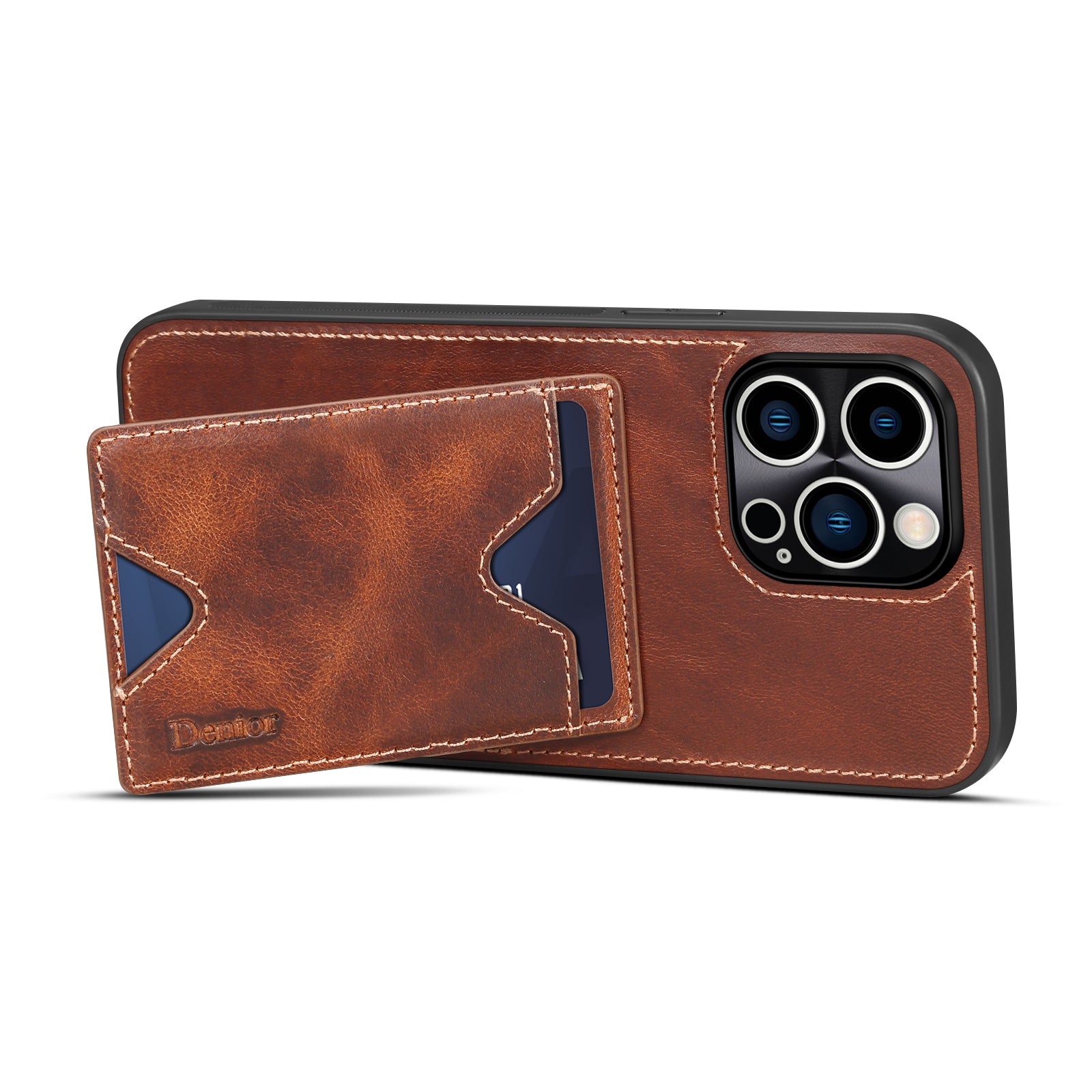 DENIOR Cowhide Leather TPU Case for iPhone 14 Pro Max Shockproof Phone Cover with Card Holder Kickstand