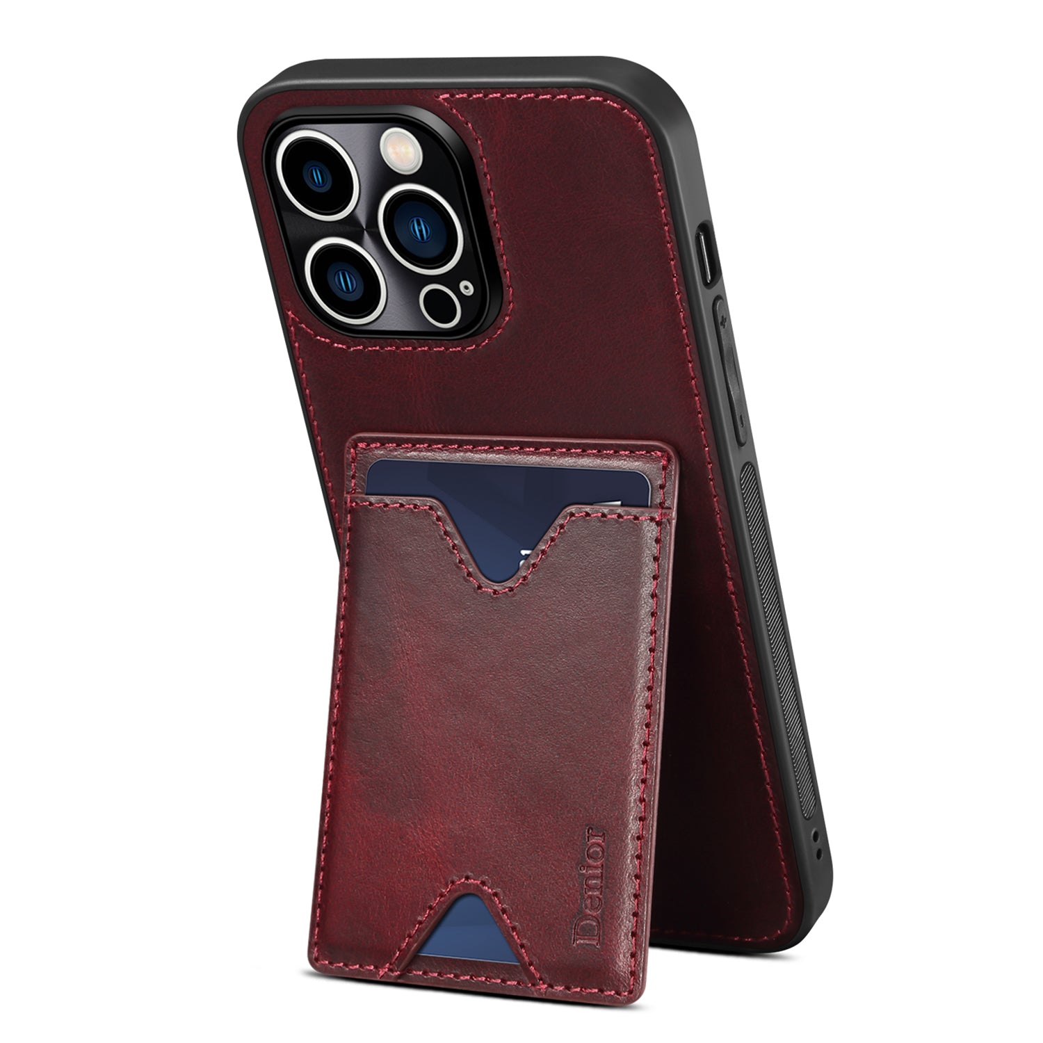 DENIOR Cowhide Leather TPU Case for iPhone 14 Pro Max Shockproof Phone Cover with Card Holder Kickstand