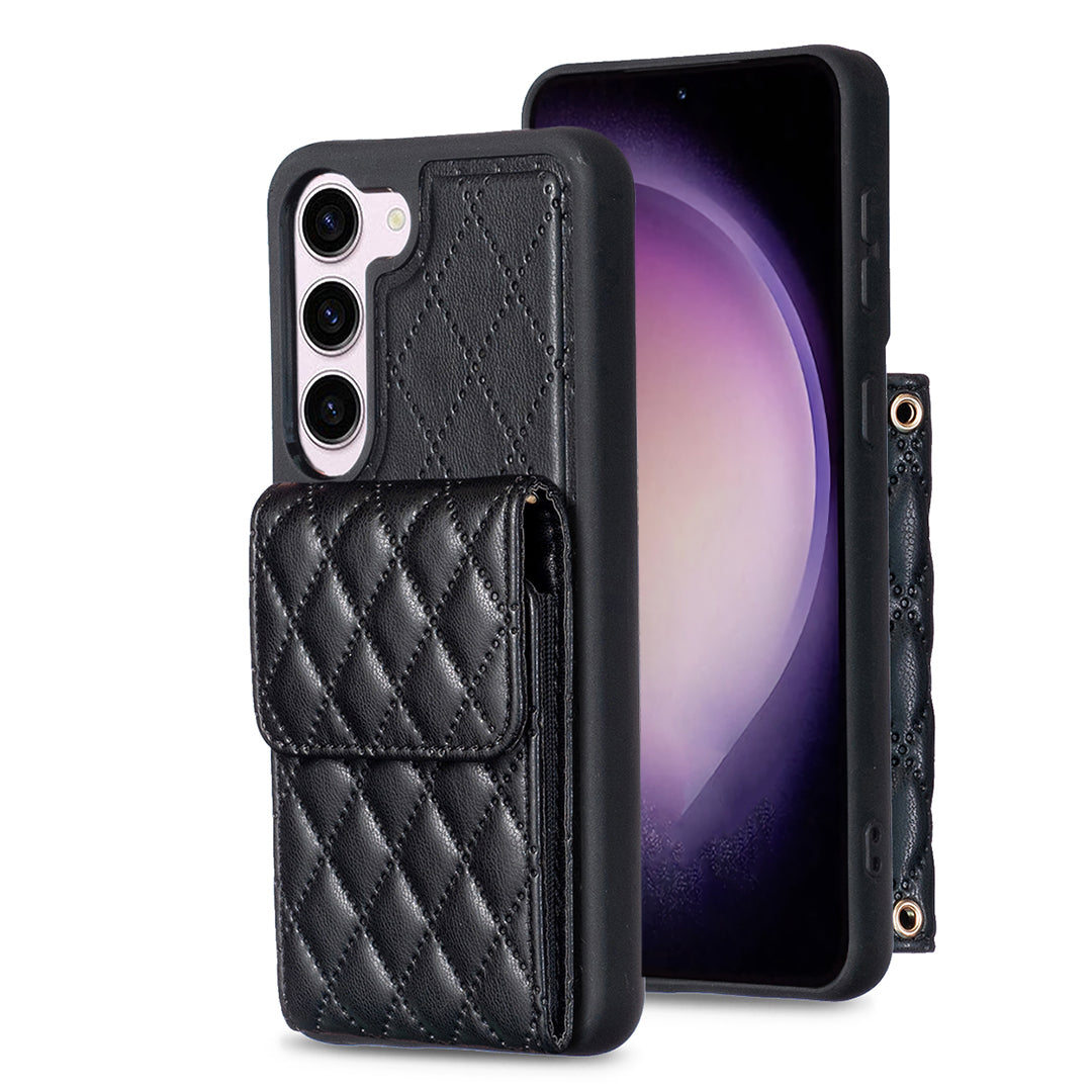 BF22-Style Mobile Phone Cover for Samsung Galaxy S23 PU Leather TPU Phone Case Vertical Card Holder Pouch with Strap
