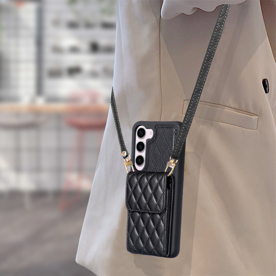 BF22-Style Mobile Phone Cover for Samsung Galaxy S23 PU Leather TPU Phone Case Vertical Card Holder Pouch with Strap