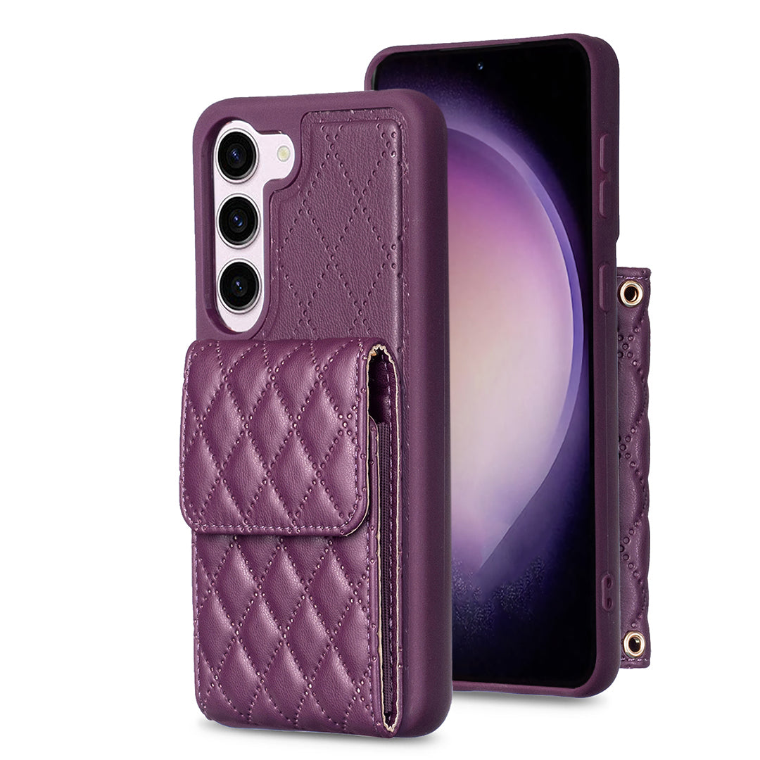 BF22-Style Mobile Phone Cover for Samsung Galaxy S23 PU Leather TPU Phone Case Vertical Card Holder Pouch with Strap