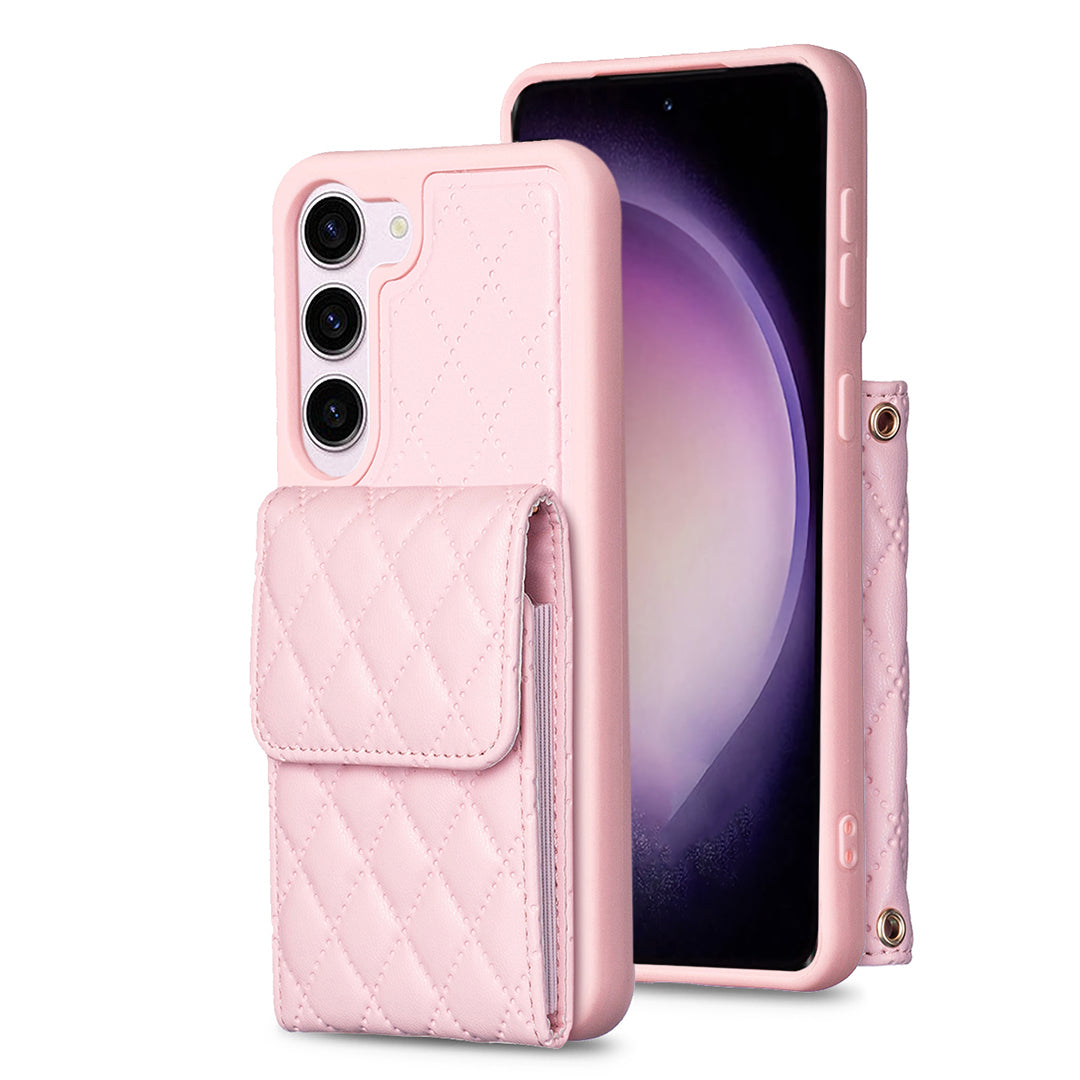 BF22-Style Mobile Phone Cover for Samsung Galaxy S23 PU Leather TPU Phone Case Vertical Card Holder Pouch with Strap