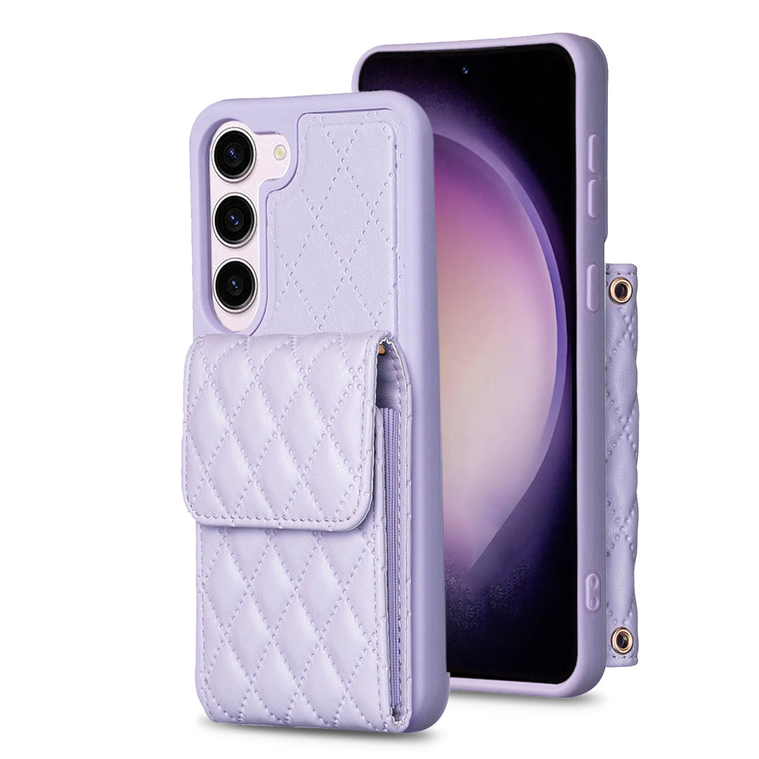 BF22-Style Mobile Phone Cover for Samsung Galaxy S23 PU Leather TPU Phone Case Vertical Card Holder Pouch with Strap