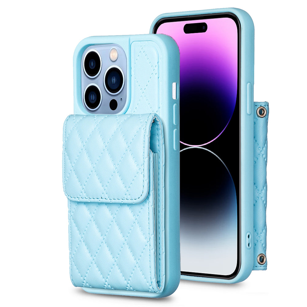 BF22-Style For iPhone 14 Pro Max Dustproof Phone Case PU Leather TPU Phone Shell with Vertical Card Holder and Strap