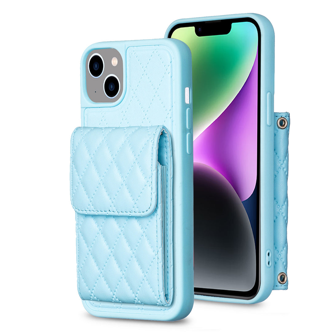 BF22-Style For iPhone 14 Plus PU Leather TPU Phone Case Vertical Card Holder Pouch Phone Cover with Strap