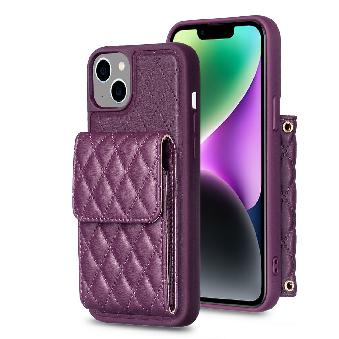 BF22-Style Vertical Card Holder Phone Case for iPhone 14/13 Dustproof PU Leather TPU Phone Cover with Strap