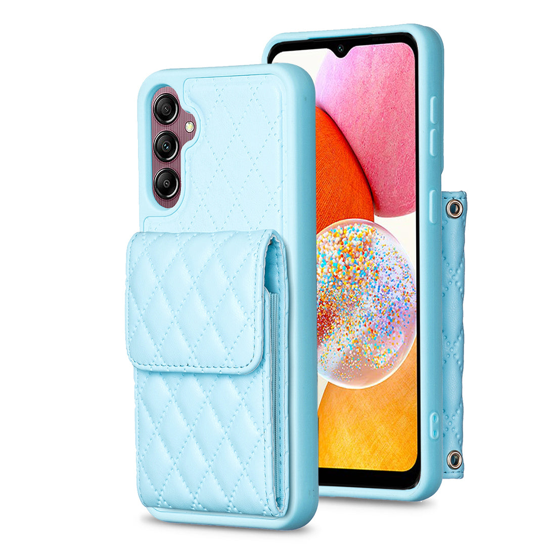 BF22-Style For Samsung Galaxy A14 4G / 5G Anti-Scratch Phone Cover PU Leather TPU Phone Case Vertical Card Holder Pouch with Strap