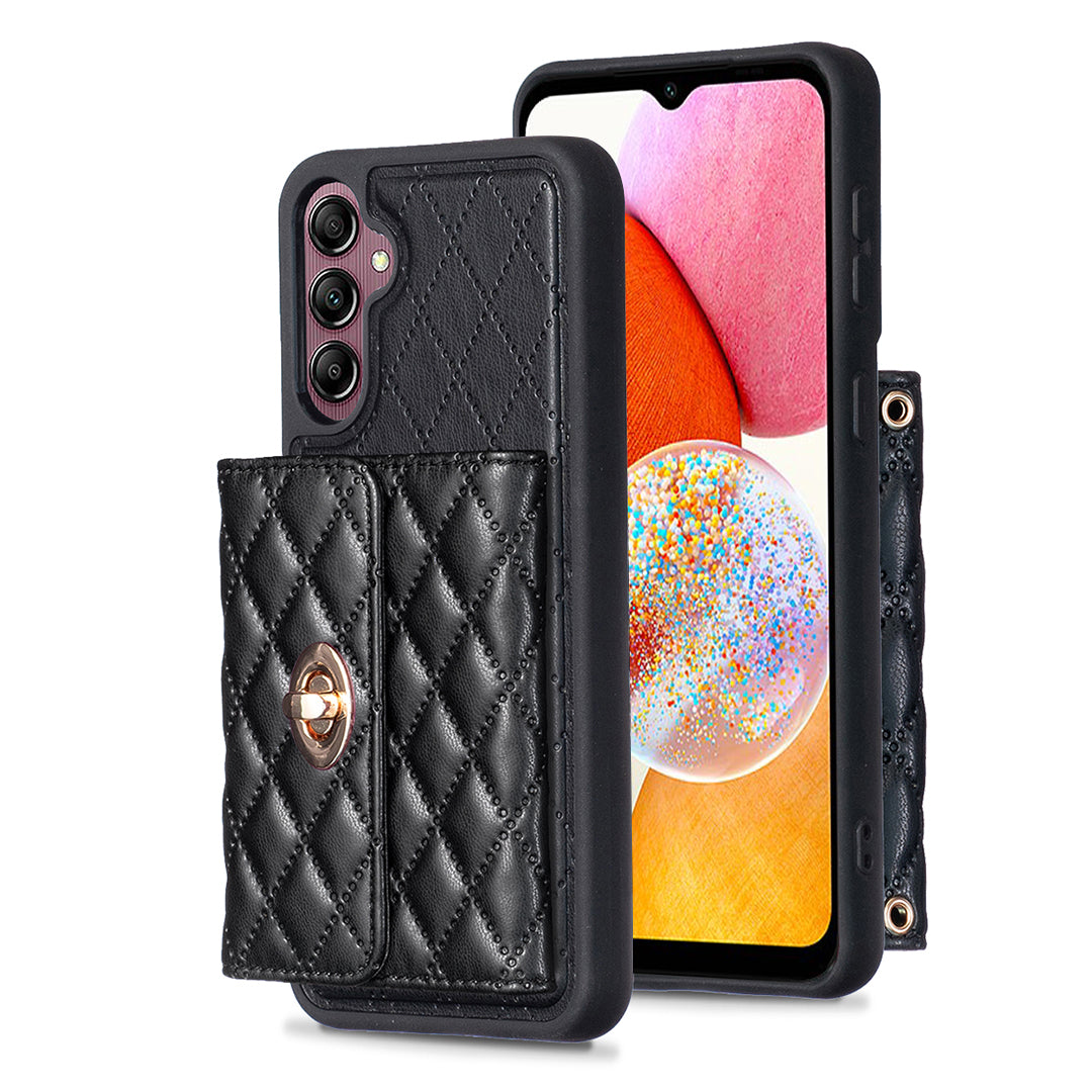 For Samsung Galaxy A14 4G / 5G BF21-Style PU Leather TPU Phone Case Cover Shoulder Phone Pouch with Card Holder