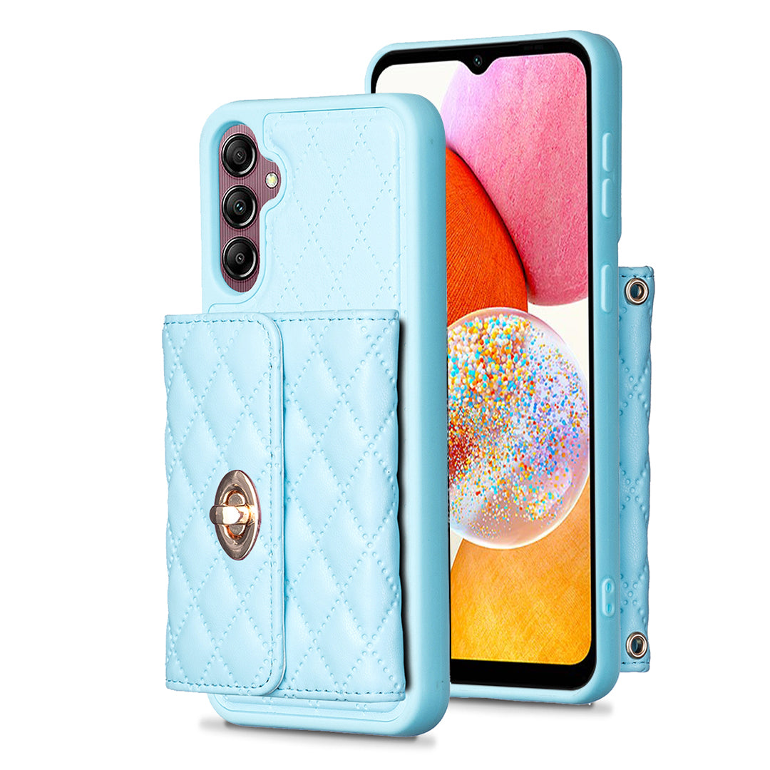 For Samsung Galaxy A14 4G / 5G BF21-Style PU Leather TPU Phone Case Cover Shoulder Phone Pouch with Card Holder