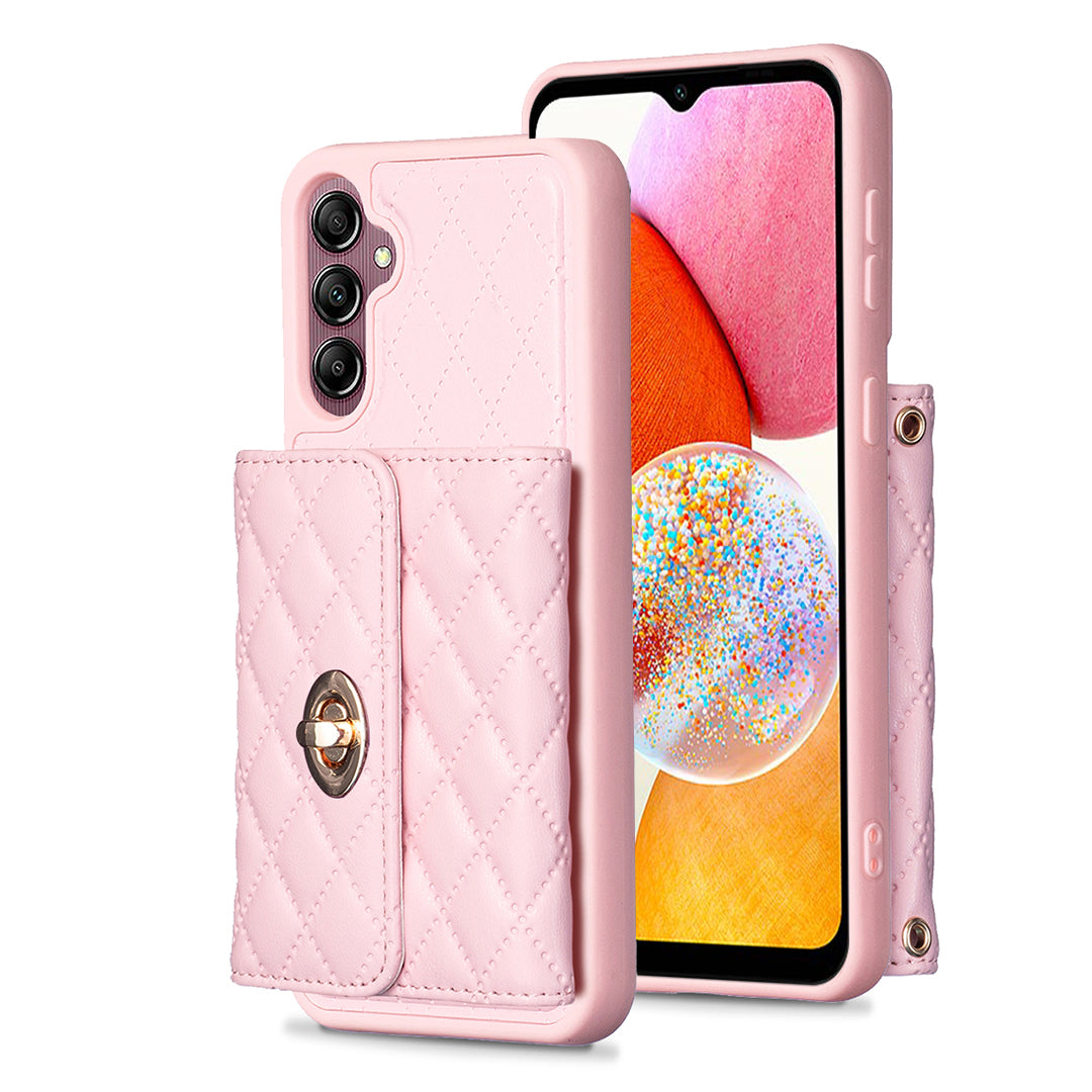 For Samsung Galaxy A14 4G / 5G BF21-Style PU Leather TPU Phone Case Cover Shoulder Phone Pouch with Card Holder