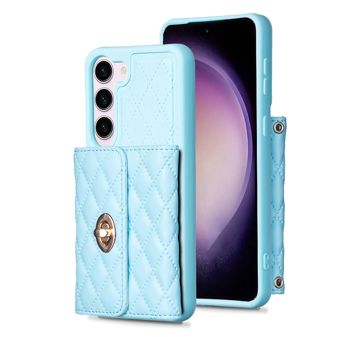 BF21-Style Cell Phone Cover for Samsung Galaxy S23 PU Leather TPU Phone Case with Card Holder Strap