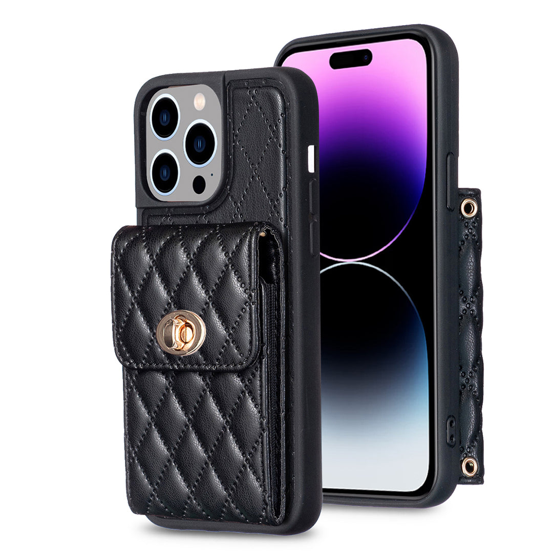 BF20-Style PU Leather TPU Shell for iPhone 14 Pro Max Shockproof Phone Case with Card Holder Strap