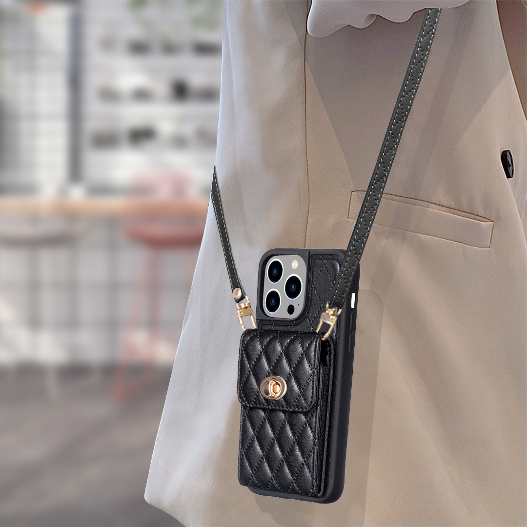BF20-Style PU Leather TPU Shell for iPhone 14 Pro Max Shockproof Phone Case with Card Holder Strap