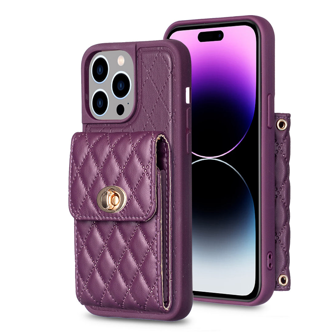 BF20-Style PU Leather TPU Shell for iPhone 14 Pro Max Shockproof Phone Case with Card Holder Strap