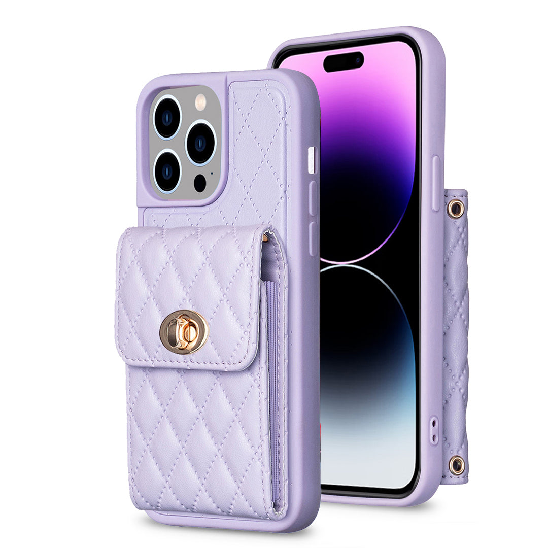 BF20-Style PU Leather TPU Shell for iPhone 14 Pro Max Shockproof Phone Case with Card Holder Strap