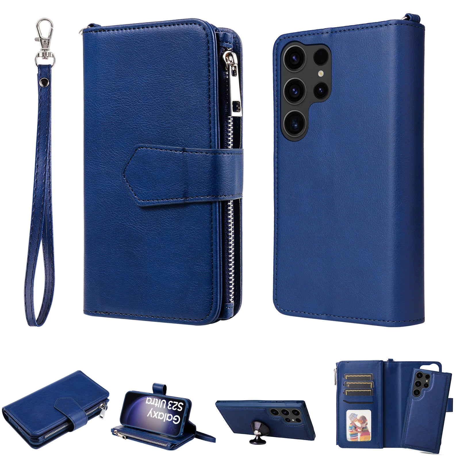 KT Multi-functional Series-4 Zipper Wallet Phone Case for Samsung Galaxy S23 Ultra PU Leather Stand Detachable Flip Cover