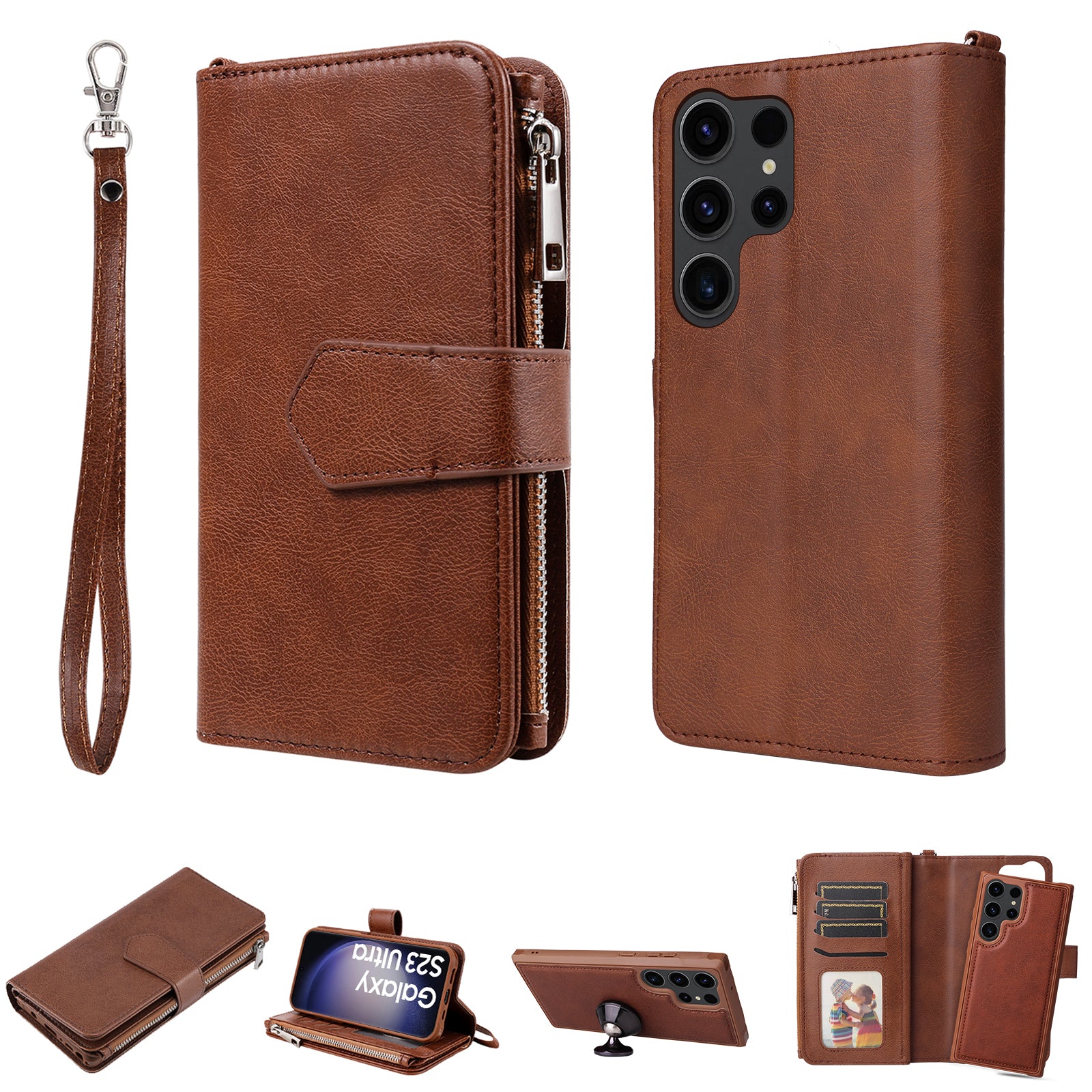 KT Multi-functional Series-4 Zipper Wallet Phone Case for Samsung Galaxy S23 Ultra PU Leather Stand Detachable Flip Cover