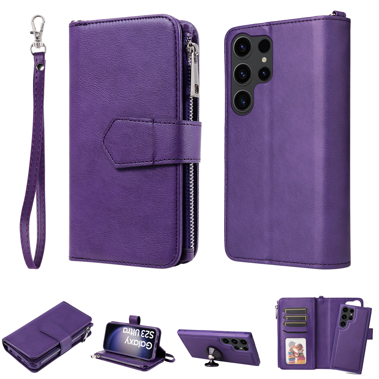 KT Multi-functional Series-4 Zipper Wallet Phone Case for Samsung Galaxy S23 Ultra PU Leather Stand Detachable Flip Cover