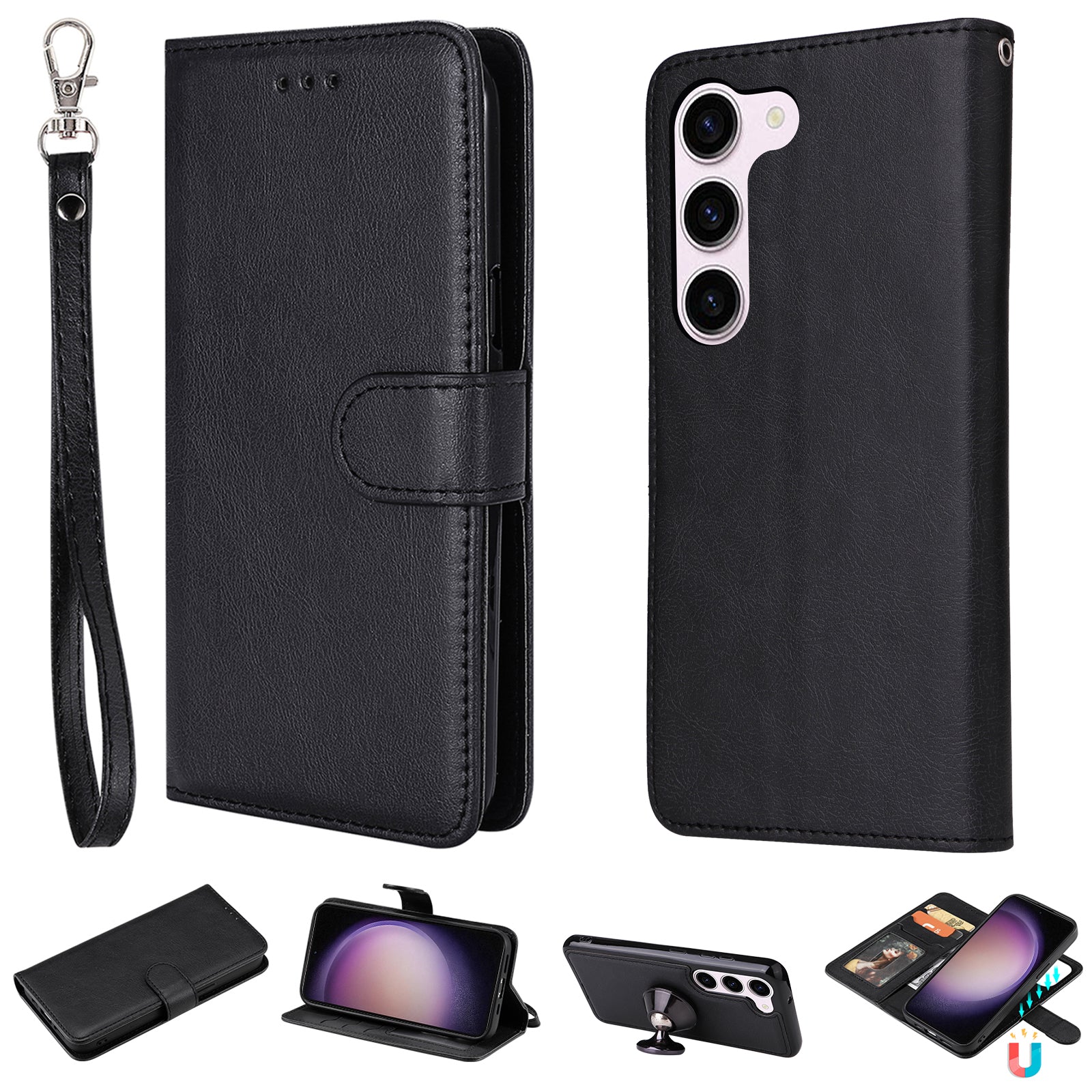KT Leather Series-3 for Samsung Galaxy S23 Magnetic Detachable PU Leather Phone Case Folding Stand Wallet Protective Cover with Strap