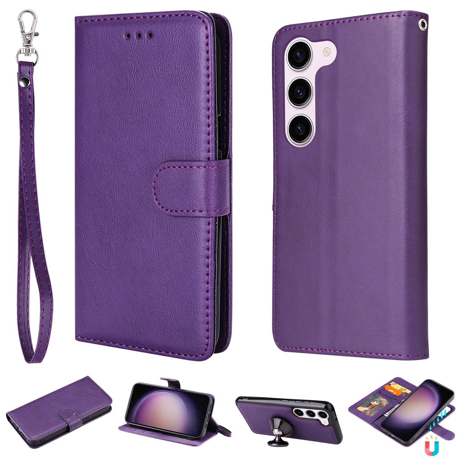 KT Leather Series-3 for Samsung Galaxy S23 Magnetic Detachable PU Leather Phone Case Folding Stand Wallet Protective Cover with Strap