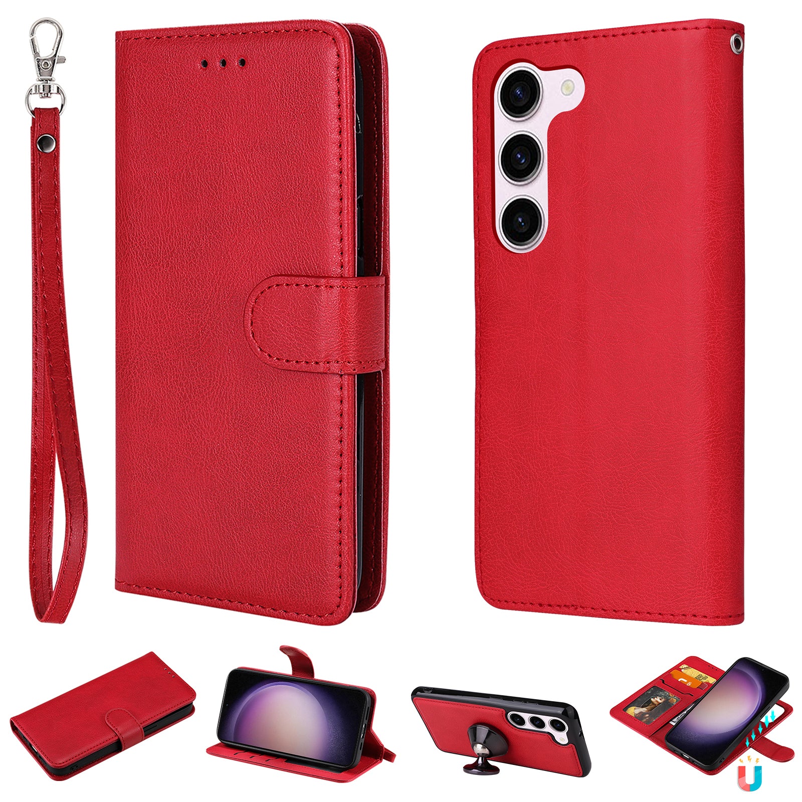 KT Leather Series-3 for Samsung Galaxy S23 Magnetic Detachable PU Leather Phone Case Folding Stand Wallet Protective Cover with Strap