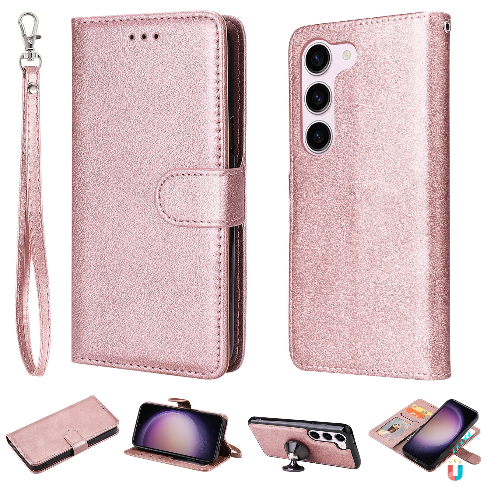 KT Leather Series-3 for Samsung Galaxy S23 Magnetic Detachable PU Leather Phone Case Folding Stand Wallet Protective Cover with Strap