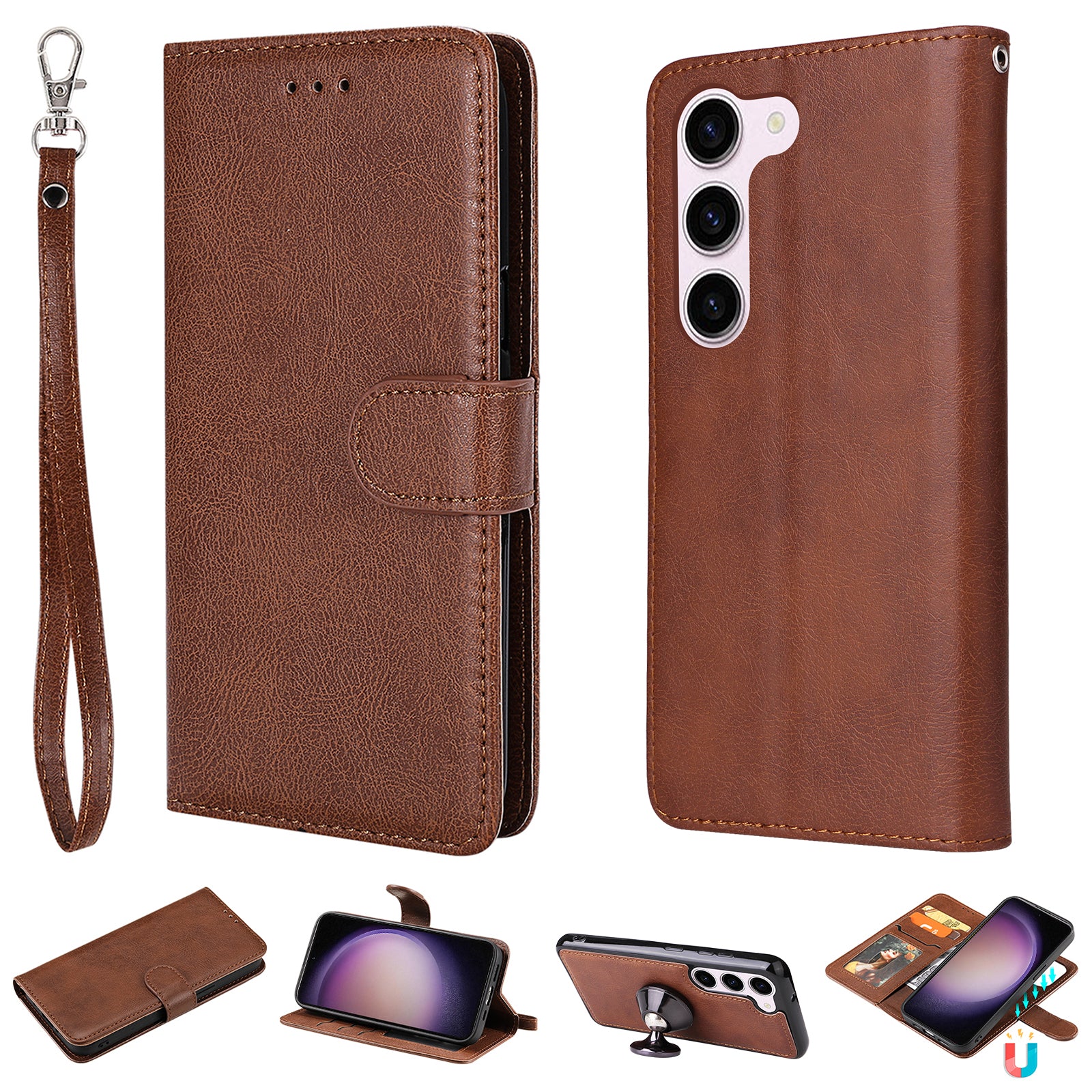 KT Leather Series-3 for Samsung Galaxy S23 Magnetic Detachable PU Leather Phone Case Folding Stand Wallet Protective Cover with Strap