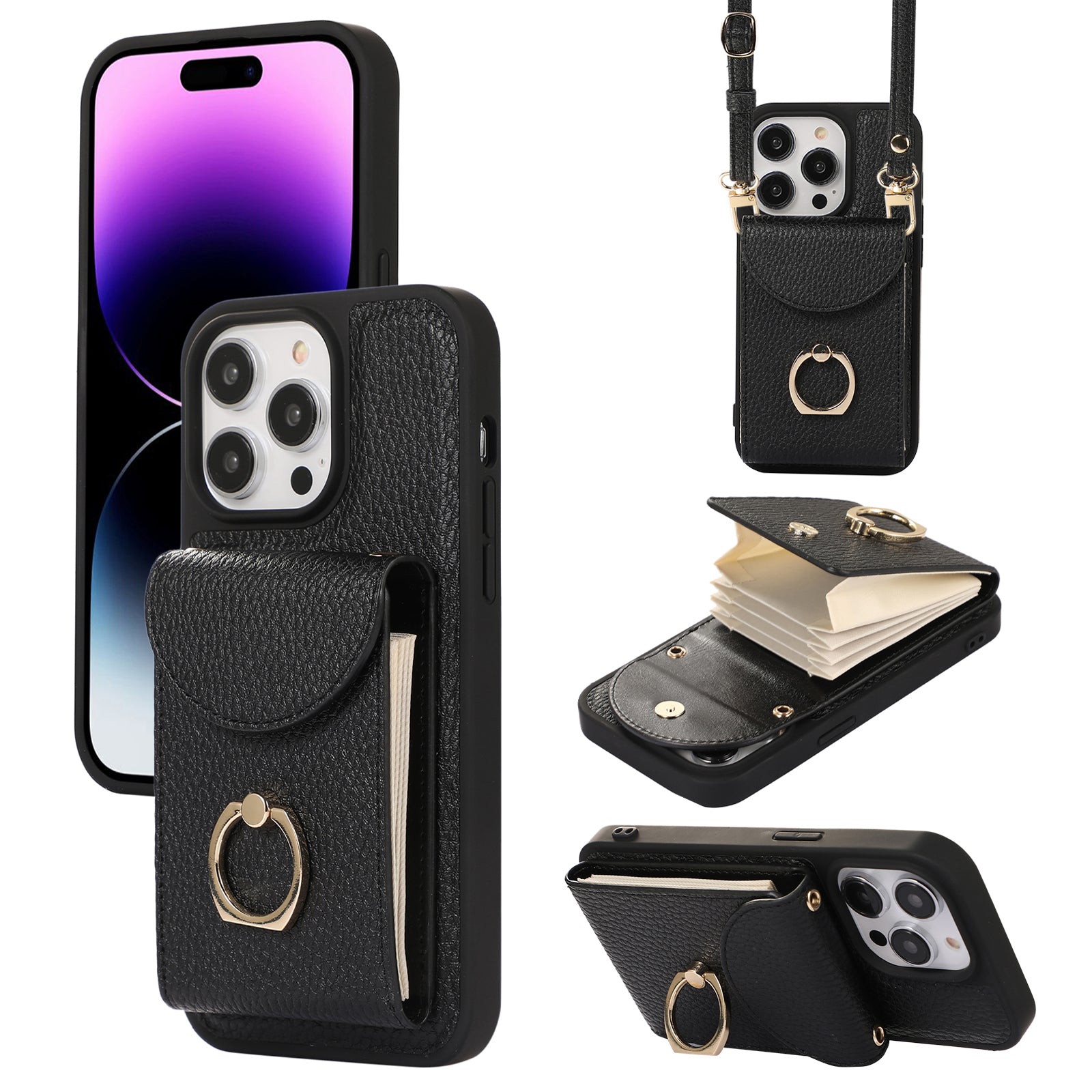 For iPhone 14 Pro Max Accordion Style Card Slots Case Leather Coated TPU Phone Kickstand Cover with Shoulder Strap